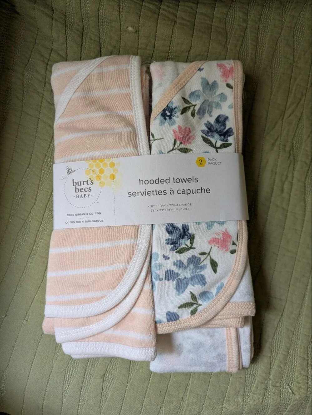 Burt's Bees Baby Peach Stripe & Floral Hooded Towels - 2 Pack